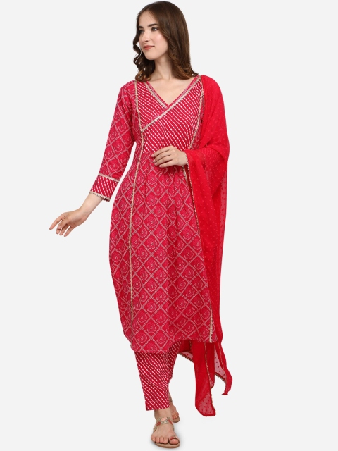 

Mesmora Women Pink Bandhani Dyed Regular Pure Cotton Kurti with Trousers & Dupatta