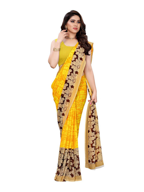 

KALINI Mustard & Brown Floral Art Silk Saree