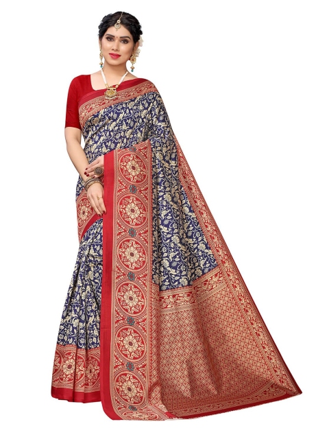 

KALINI Navy Blue & Red Floral Printed Art Silk Saree