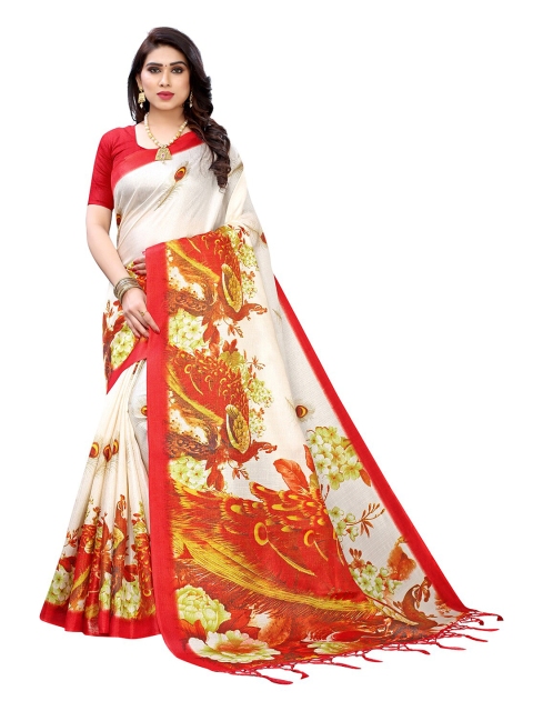 

KALINI Red & White Ethnic Motifs Silk Blend Khadi Saree