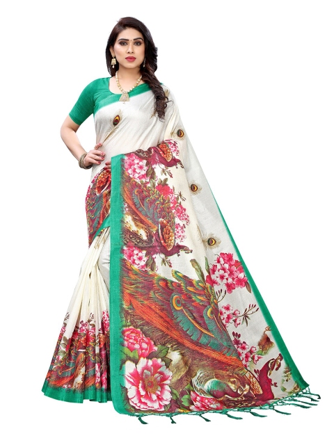 

KALINI Green & White Floral Printed Silk Blend Saree