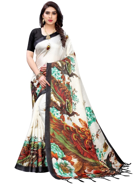 

KALINI Black & White Floral Silk Blend Khadi Saree
