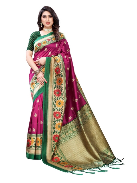 

KALINI Magenta & Green Floral Printed Art Silk Saree