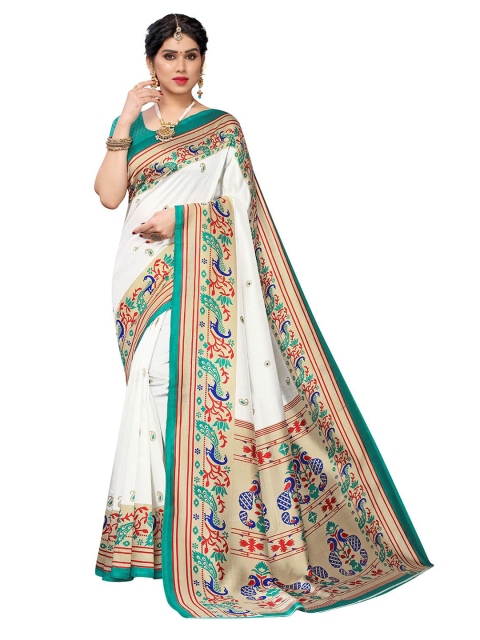 

KALINI Green & White Ethnic Motifs Art Silk Saree