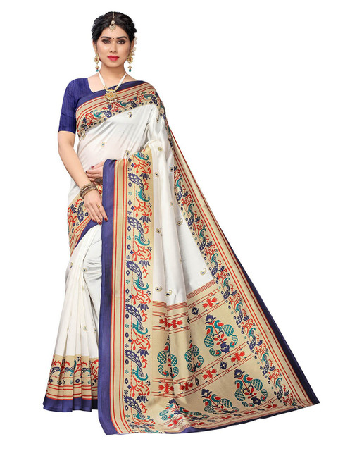 

KALINI White & Navy Blue Ethnic Motifs Printed Art Silk Saree