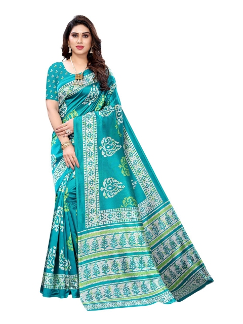 

KALINI Teal & White Ethnic Motifs Printed Art Silk Saree