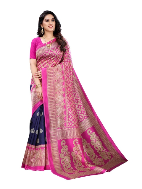 

KALINI Navy Blue & Pink Ethnic Motifs Printed Art Silk Saree