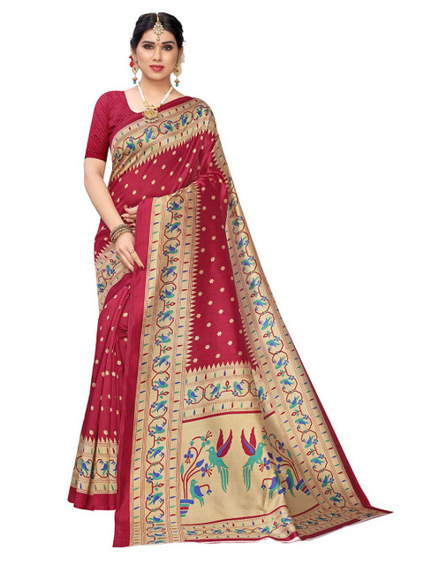 

KALINI Red & Gold-Toned Floral Art Silk Saree