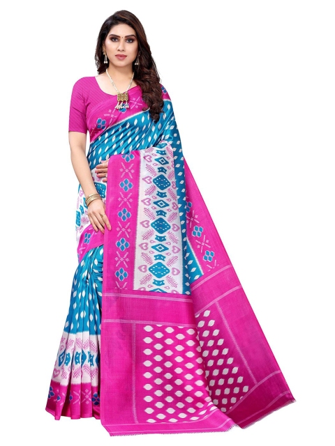 

KALINI Turquoise Blue & Fuchsia Ethnic Motifs Printed Art Silk Saree