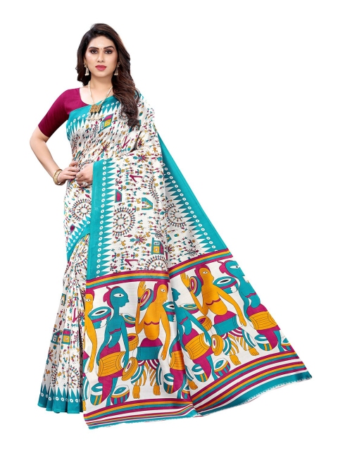 

KALINI White & Turquoise Blue Warli Art Silk Saree