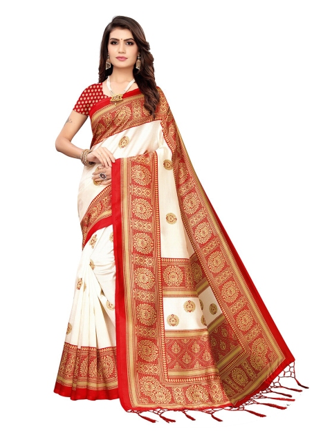 

KALINI White & Red Ethnic Motifs Printed Art Silk Saree