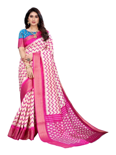 

KALINI Pink & Off White Geometric Printed Zari Silk Cotton Saree