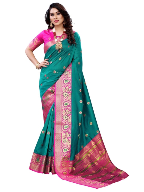 

KALINI Teal & Pink Ethnic Motifs Zari Silk Cotton Chanderi Saree