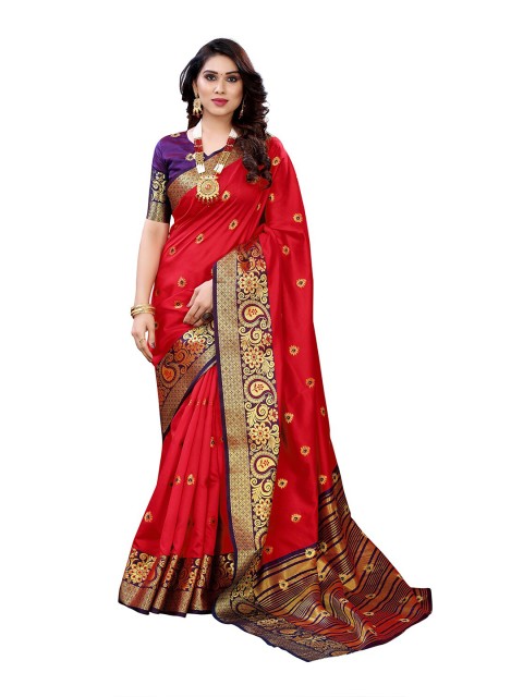 

KALINI Women Red & Gold-Toned Woven Design Zari Silk Cotton Chanderi Saree