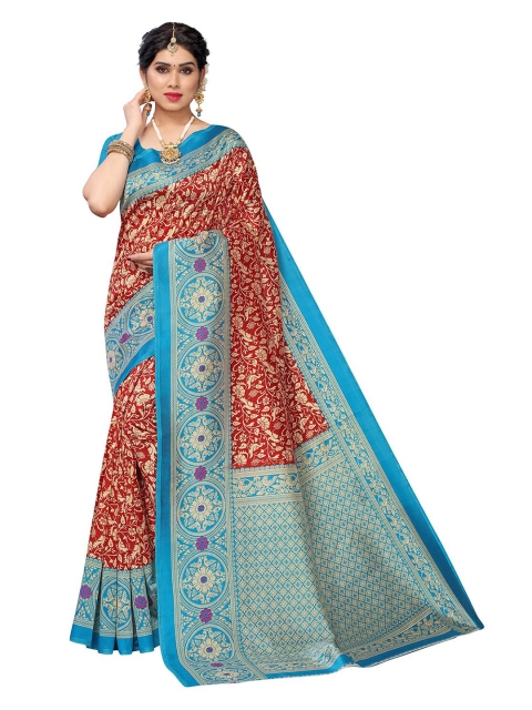 

KALINI Red & Blue Floral Printed Art Silk Saree