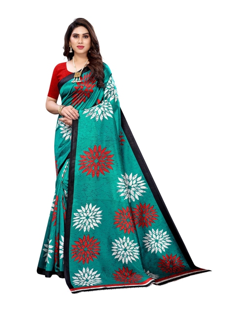 

KALINI Teal & White Floral Printed Art Silk Saree