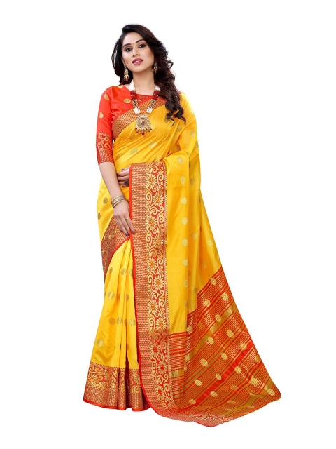 

KALINI Mustard & Red Woven Design Zari Silk Cotton Chanderi Saree