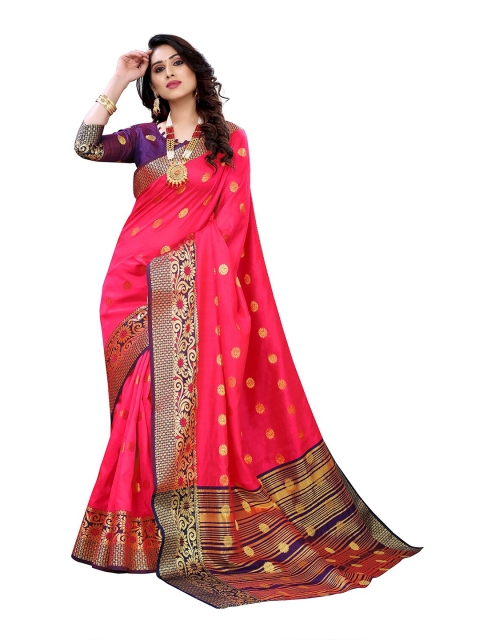 

KALINI Pink & Violet Ethnic Motifs Zari Silk Cotton Chanderi Saree