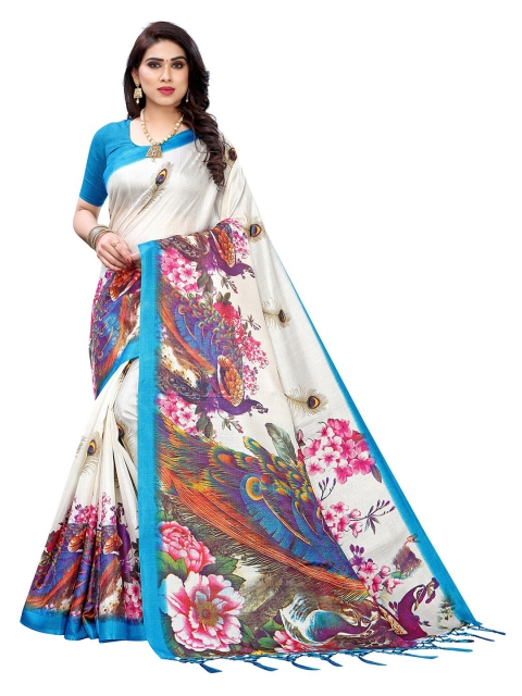 

KALINI Blue & Off White Ethnic Motifs Silk Blend Khadi Saree