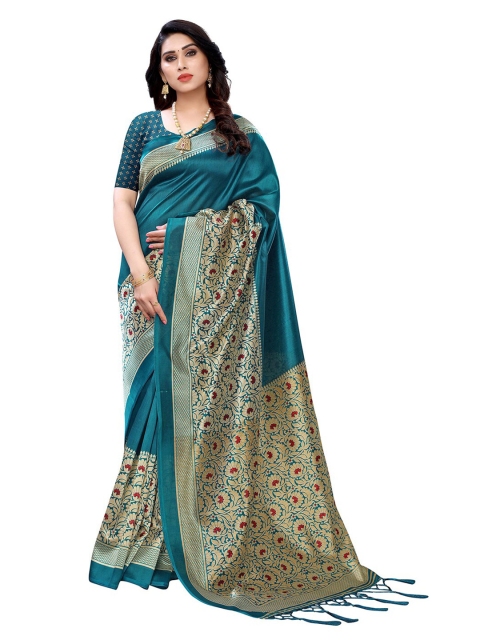 

KALINI Teal & Gold-Toned Floral Printed Art Silk Saree