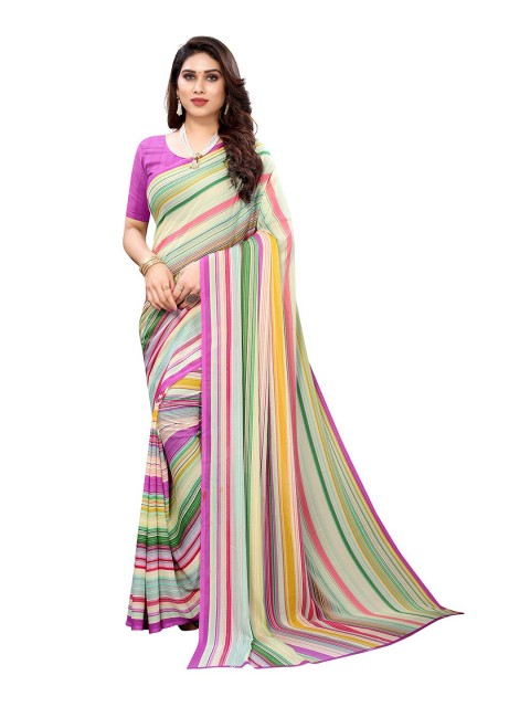 

KALINI Pink & Orange Striped Poly Georgette Saree