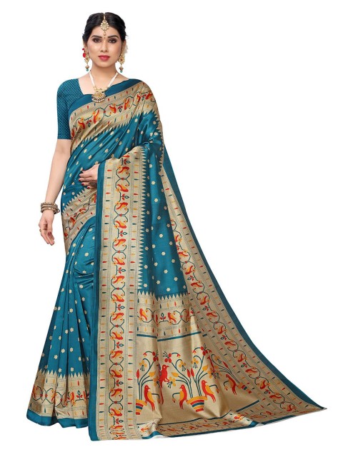 

KALINI Blue & Gold-Toned Ethnic Motifs Art Silk Saree