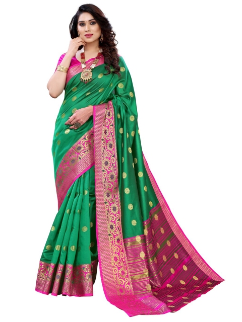

KALINI Green & Pink Woven Design Chanderi Saree