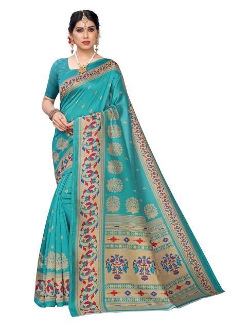 

KALINI Turquoise Blue & Gold Ethnic Motifs Printed Art Silk Saree