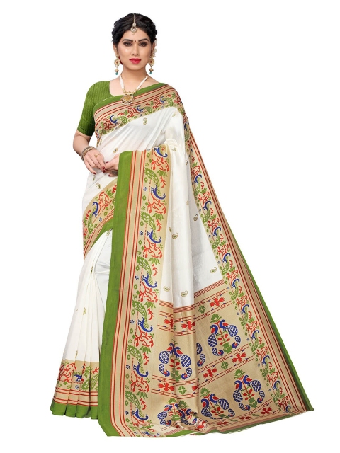 

KALINI White & Green Floral Art Silk Saree