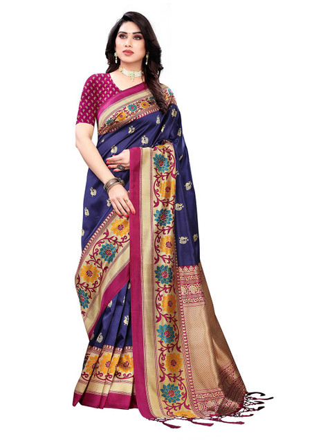 

KALINI Blue & Gold-Toned Floral Art Silk Saree