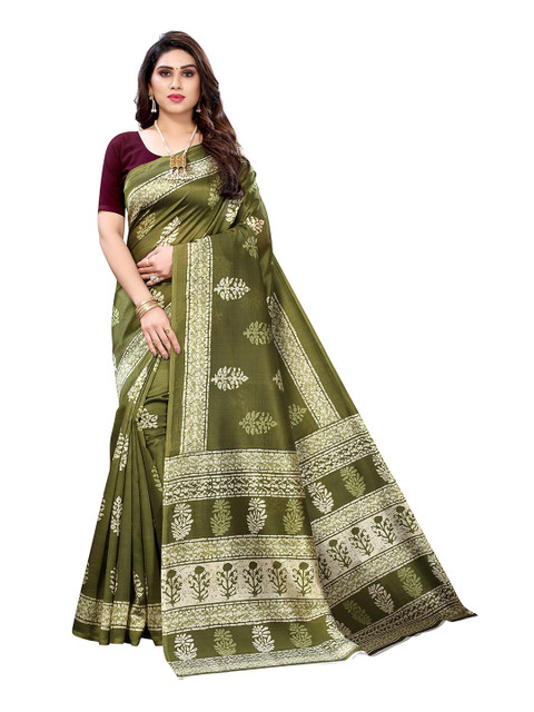 

KALINI Olive Green & White Batik Art Silk Saree