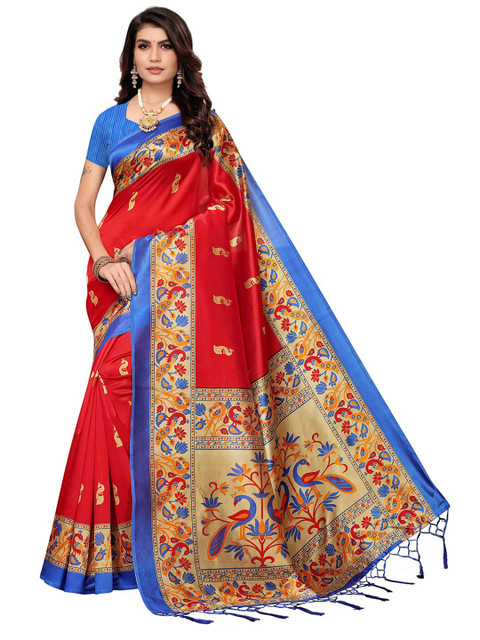 

KALINI Red & Blue Ethnic Motifs Art Silk Saree