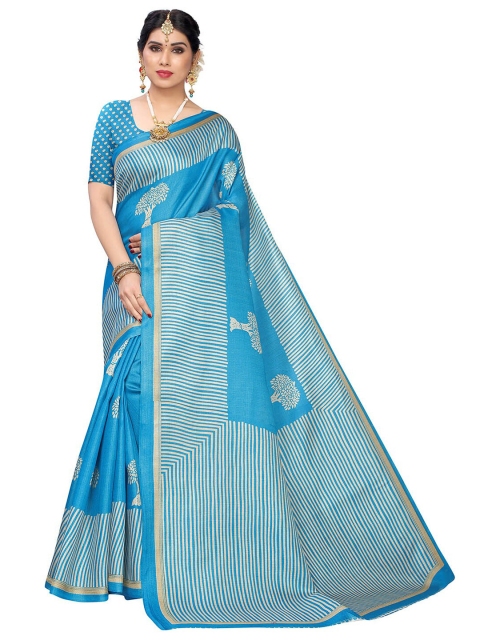 

KALINI Blue & Gold-Toned Ethnic Motifs Khadi Silk Blend Saree