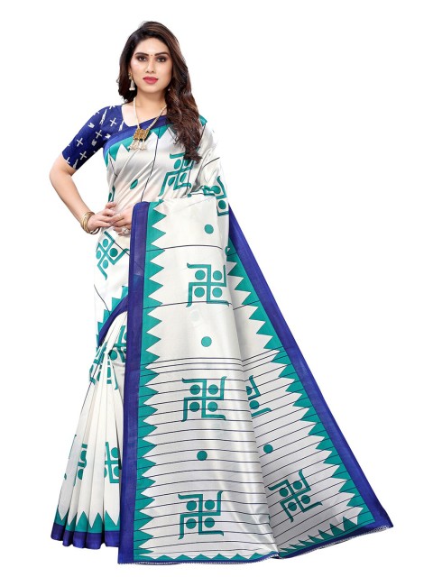 

KALINI White & Blue Ethnic Motifs Art Silk Saree