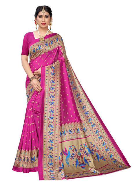 

KALINI Pink & Gold-Toned Floral Art Silk Saree