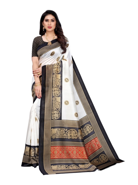 

KALINI Off White & Navy Blue Ethnic Motifs Art Silk Saree