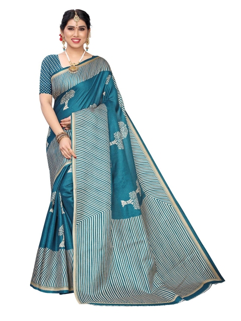 

KALINI Teal & White Printed Silk Blend Saree