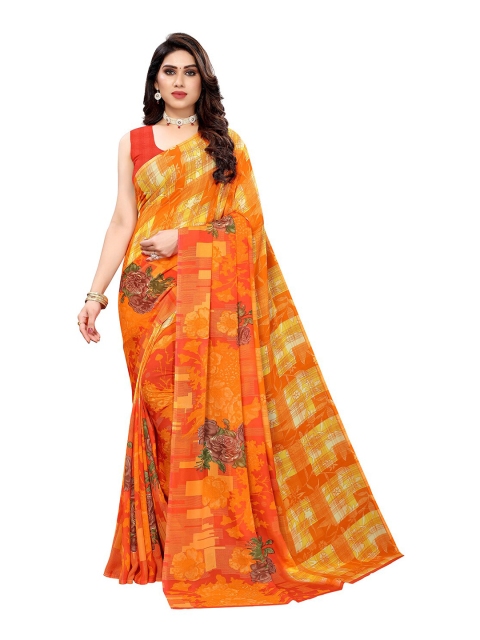 

KALINI Orange & Green Floral Printed Saree