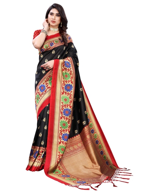 

KALINI Black & Red Floral Art Silk Saree
