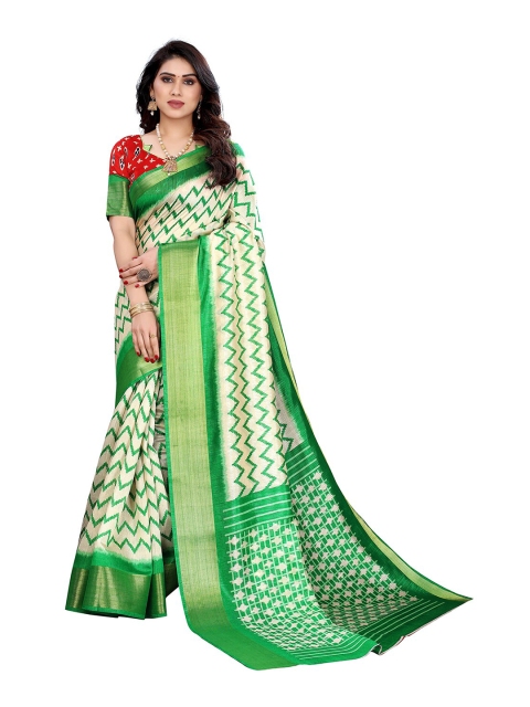 

KALINI Green & Cream-Coloured Zari Printed Silk Cotton Saree
