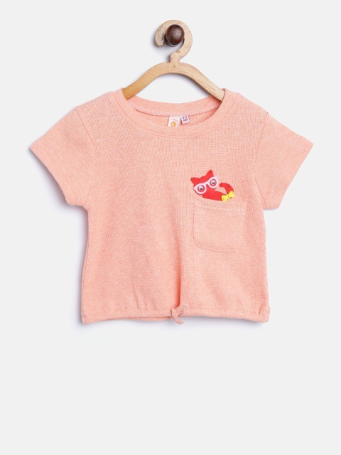 

Kids On Board Girls Peach-Coloured & Red Applique Pure Cotton Top