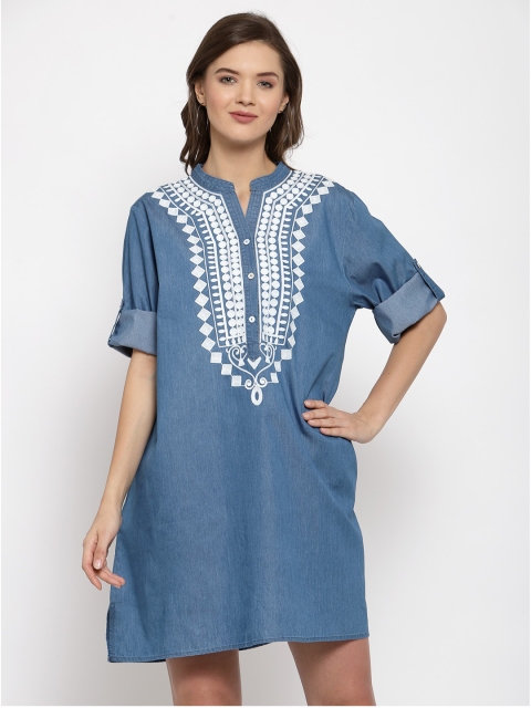 

iki chic Navy Blue & White Embroidered Denim A-Line Dress