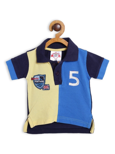

612 league Boys Navy Blue & Yellow Colourblocked Polo Collar Applique Cotton T-shirt