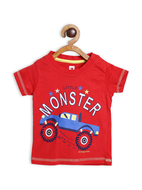 

612 league Boys Red Typography Printed Applique T-shirt