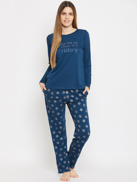 

MADAME M SECRET Women Teal Blue & Grey Printed Night suit