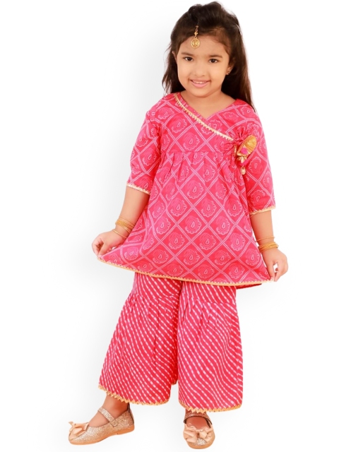 

The Mom Store Girls Magenta Ethnic Motifs Printed Angrakha Pure Cotton Kurti with Sharara