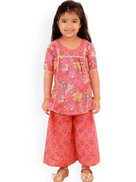 

The Mom Store Girls Magenta Floral Printed Regular Pure Cotton Kurti with Palazzos