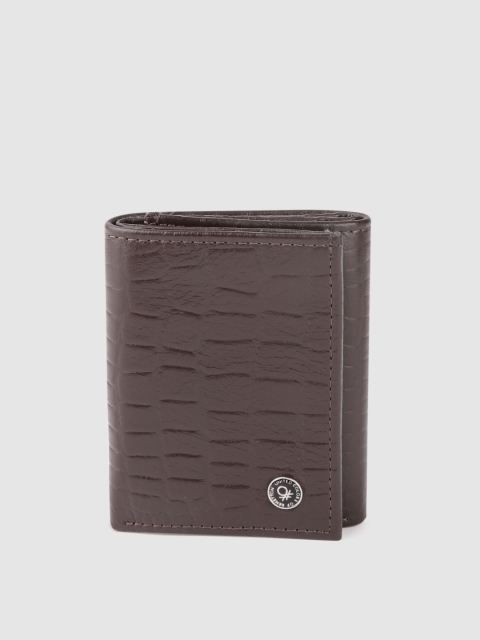 

United Colors of Benetton Men Brown Croc Textured Genuine Leather Three Fold Wallet