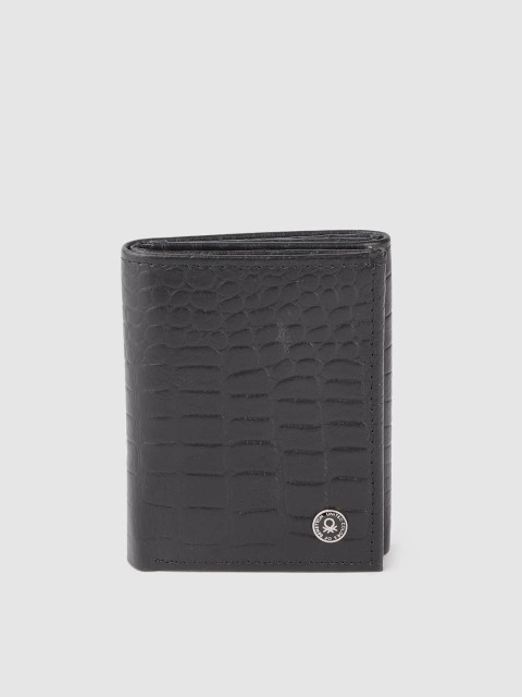 

United Colors of Benetton Men Black Croc Textured Genuine Leather Three Fold Wallet