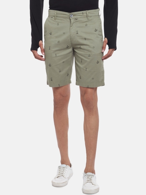 

People Men Olive Green Conversational Printed Pure Cotton Regular Shorts